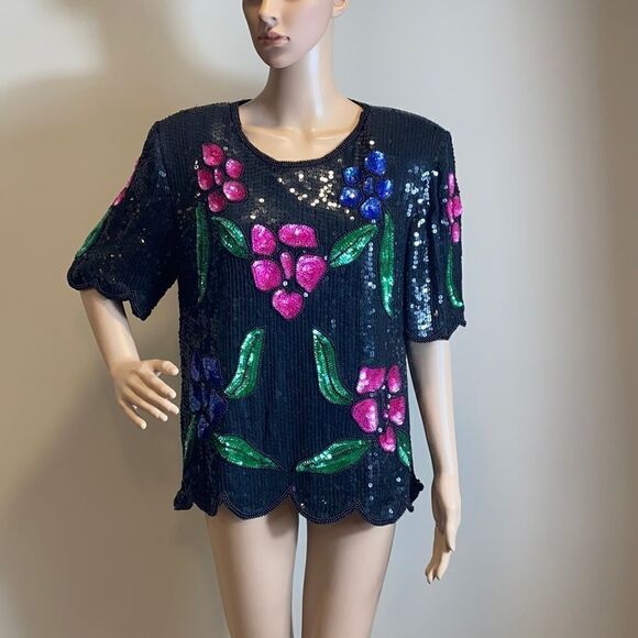 Stenay vintage silk floral sequined blouse, size M. - Picture 1 of 14